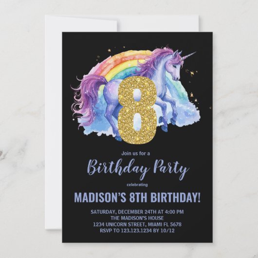 8e Rainbow Unicorn Verjaardag Uitnodigingen (Voorkant)