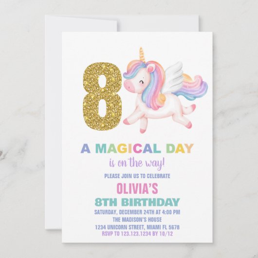 8e Rainbow Unicorn Verjaardag Uitnodigingen (Voorkant)