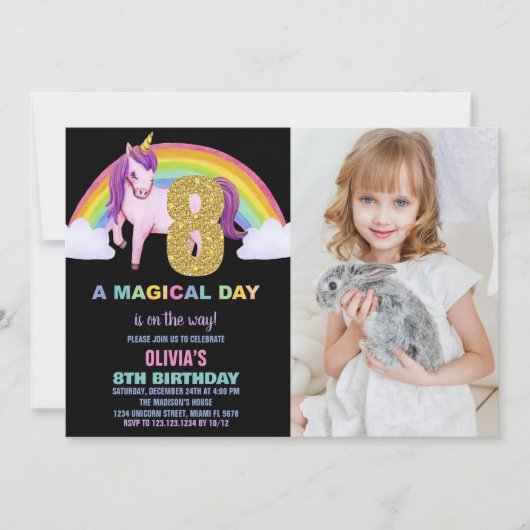 8e Rainbow Unicorn Verjaardag Uitnodigingen foto (Voorkant)