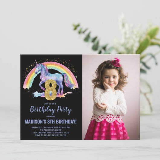 8e Rainbow Unicorn Verjaardag Uitnodigingen foto (Staand voorkant)