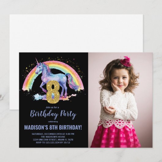 8e Rainbow Unicorn Verjaardag Uitnodigingen foto (Voorkant / Achterkant)