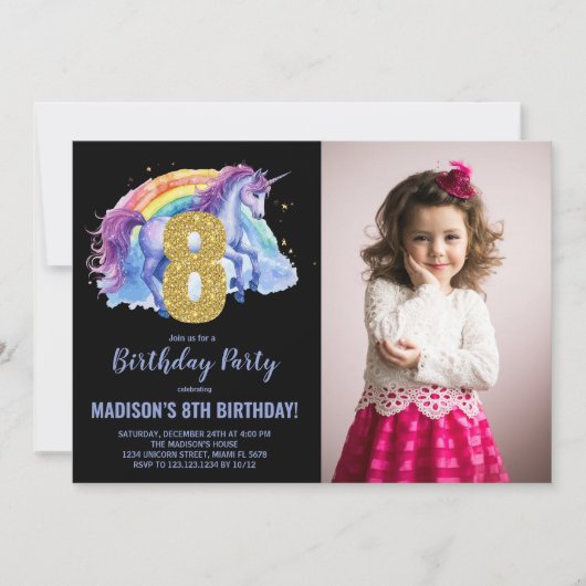 8e Rainbow Unicorn Verjaardag Uitnodigingen foto (Voorkant)