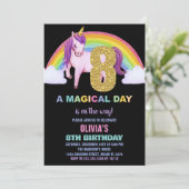 8e Rainbow Unicorn Verjaardag Uitnodigingen Glitte (Staand voorkant)