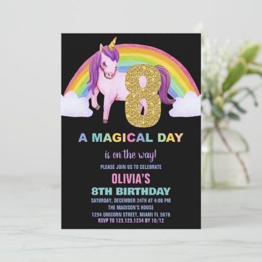 8e Rainbow Unicorn Verjaardag Uitnodigingen Glitte (Staand voorkant)
