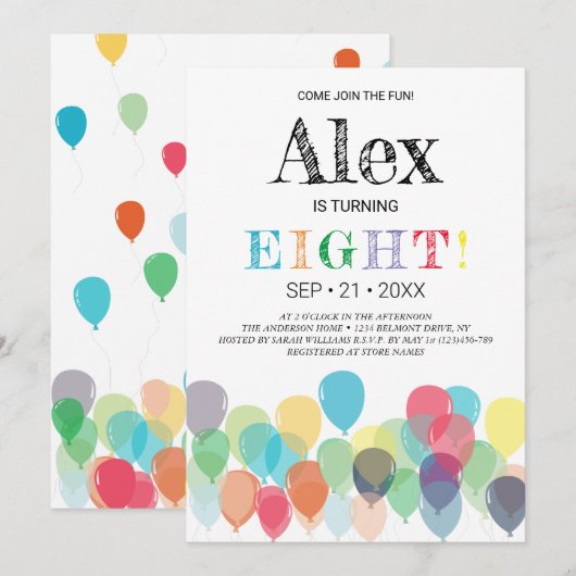 8e uitnodiging van de Birthday Balloons (Voorkant / Achterkant)