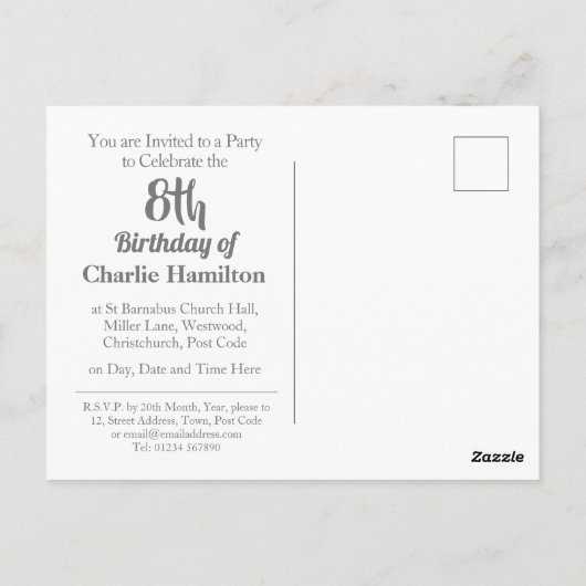 8e uitnodiging van de verjaardag met het Briefkaar (Achterkant)