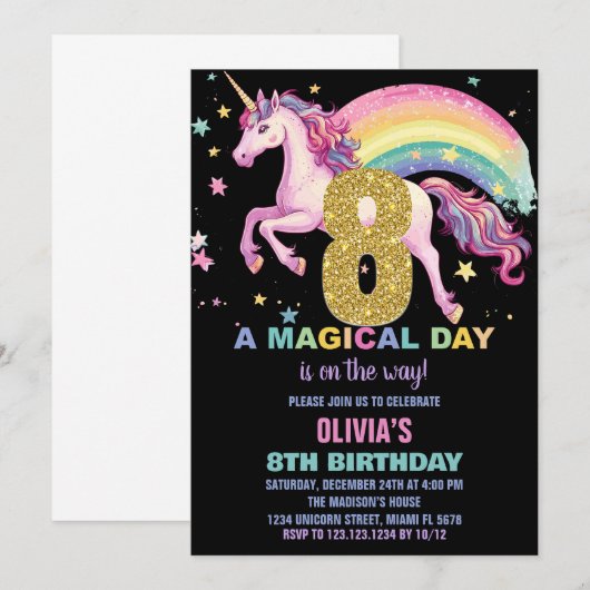 8e Unicorn Verjaardag Uitnodigingen Zwart (Voorkant / Achterkant)