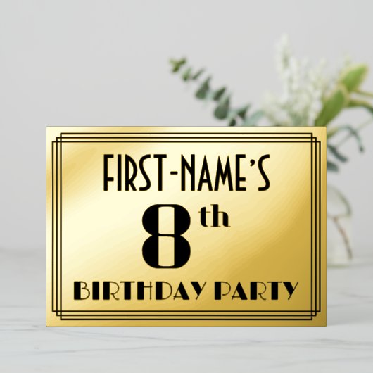 8e verjaardag: Art Deco Kijk "8" en naam Folie Uitnodiging (Staand Voorkant)