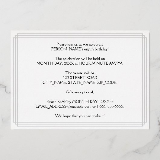 8e verjaardag: Art Deco Kijk "8" en naam Folie Uitnodiging (Achterkant)