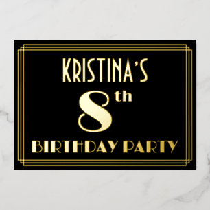 8e verjaardag: Art Deco Kijk "8", met naam Folie Uitnodiging
