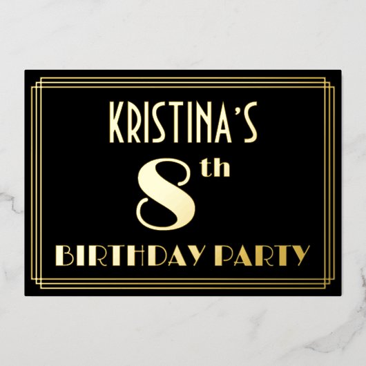 8e verjaardag: Art Deco Kijk "8", met naam Folie Uitnodiging (Voorkant)