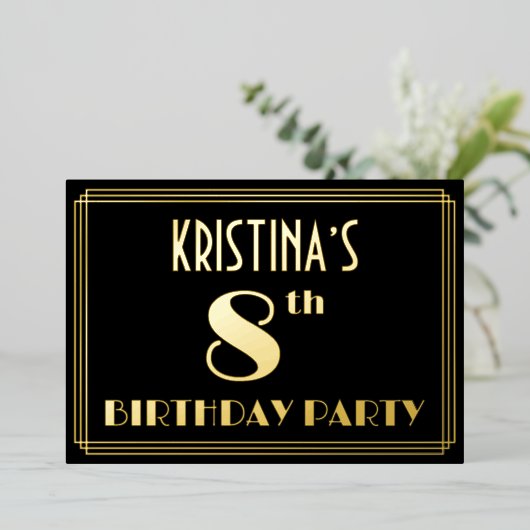 8e verjaardag: Art Deco Kijk "8", met naam Folie Uitnodiging (Staand Voorkant)