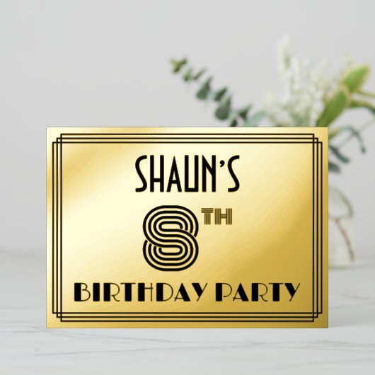 8e verjaardag — Art Deco Style "8" en naam Folie Uitnodiging (Staand Voorkant)
