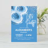 8e verjaardag ballon jongen blauw neon kaart (Staand voorkant)