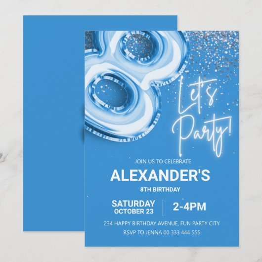 8e verjaardag ballon jongen blauw neon kaart (Voorkant / Achterkant)