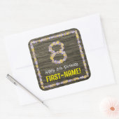 8e verjaardag: Bloemennummer, Faux Wood Look, Naam Vierkante Sticker (Envelop)