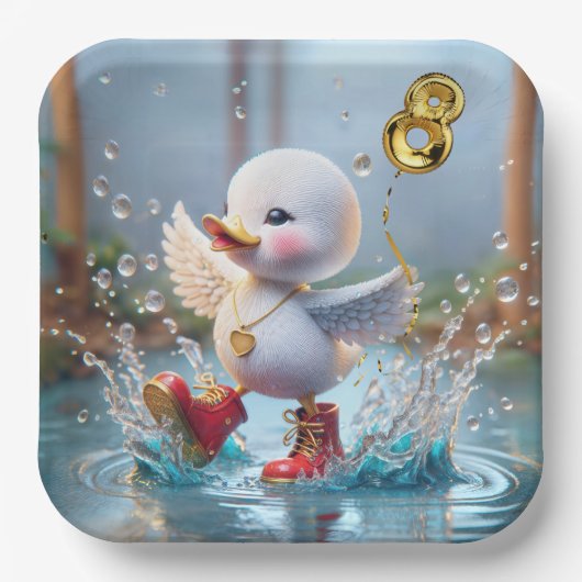 8e verjaardag eend dansen in een regen plas papieren bordje (Voorkant)