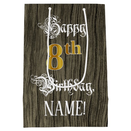 8e verjaardag: Faux Gold look & Faux Wood Pattern Medium Cadeauzakje (Achterkant)