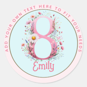 8e verjaardag fee bloemachtig roze prinses sprookj ronde sticker