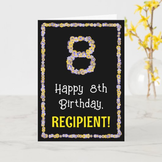 8e verjaardag: Floral Flowers Number, Custom Name Kaart (Gele Bloem)