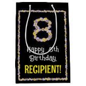 8e verjaardag: Floral Flowers Number, Custom Name Medium Cadeauzakje (Voorkant)