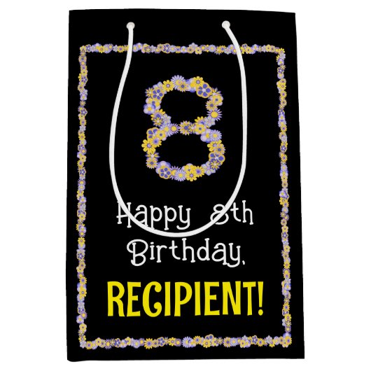 8e verjaardag: Floral Flowers Number, Custom Name Medium Cadeauzakje (Voorkant)