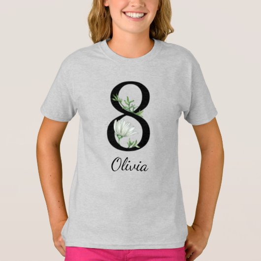 8e verjaardag Floral Persoonlijke naam T-Shirt (Voorkant)
