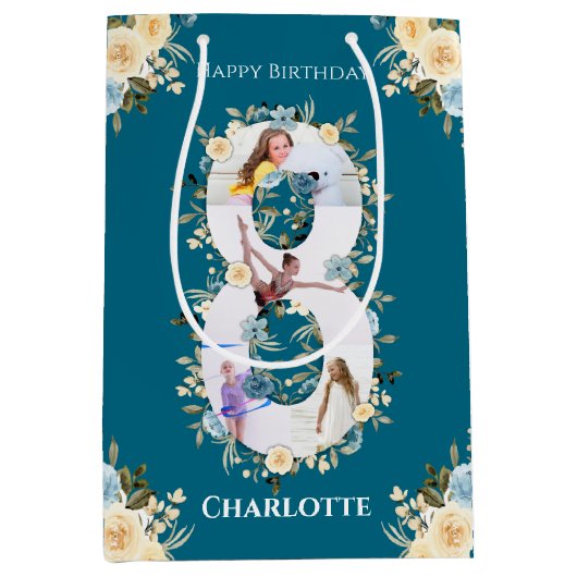 8e verjaardag Foto Blauwgroen Collage Blue Yellow  Medium Cadeauzakje (Voorkant)