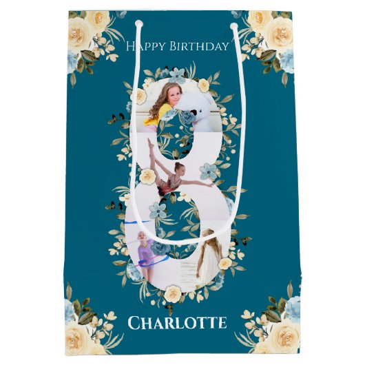 8e verjaardag Foto Blauwgroen Collage Blue Yellow Medium Cadeauzakje (Achterkant)