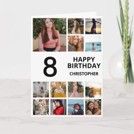 8e verjaardag Foto Collage 13 Foto's zwart-wit Kaart (Voorkant)