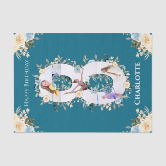 8e verjaardag Foto Collage Blauwgroen Blauwe Gele Tissuepapier (Voorkant)