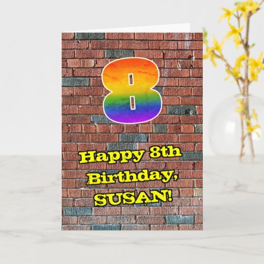 8e verjaardag: Fun Graffiti-geïnspireerde regenboo Kaart (Gele Bloem)