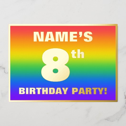 8e verjaardag: Fun, kleurrijk regenboogpatroon Folie Uitnodiging (Voorkant)