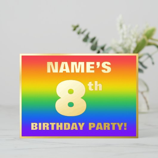 8e verjaardag: Fun, kleurrijk regenboogpatroon Folie Uitnodiging (Staand Voorkant)