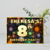 8e verjaardag — Fun, kleurrijk vuurwerk Folie Uitnodiging (Staand Voorkant)