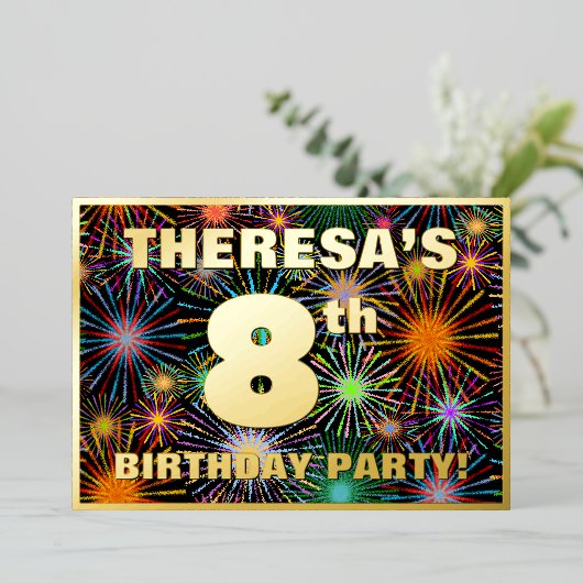 8e verjaardag — Fun, kleurrijk vuurwerk Folie Uitnodiging (Staand Voorkant)