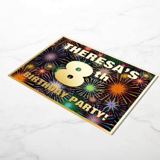 8e verjaardag — Fun, kleurrijk vuurwerk Folie Uitnodiging (Gedraaid)