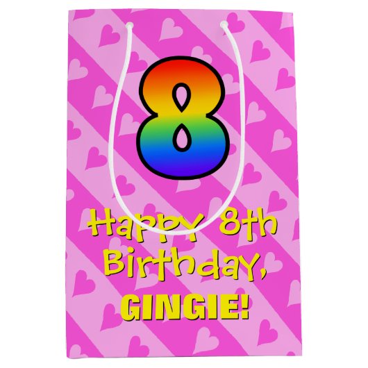 8e verjaardag: Fun roze hartenstrepen en regenboog Medium Cadeauzakje (Voorkant)