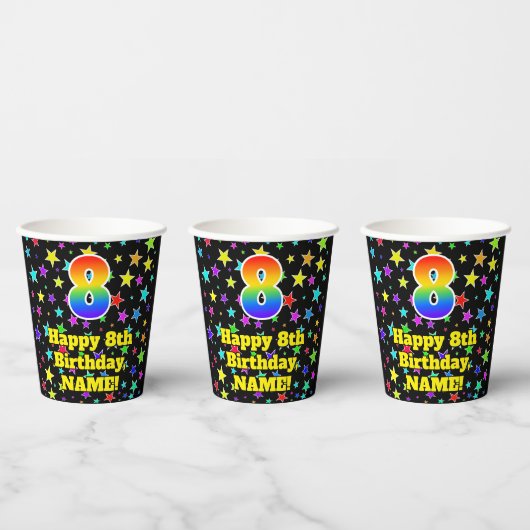 8e verjaardag: Fun Stars Pattern en Rainbow 8 Papieren Bekers (Multi)