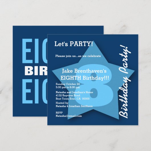 8e verjaardag KINDER 8 jaar oude Big Blue Star K08 Kaart (Voorkant / Achterkant)