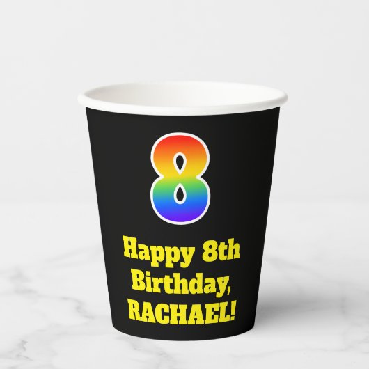 8e verjaardag: Kleurrijk, Leuk, Spannend, Regenboo Papieren Bekers (Voorkant)