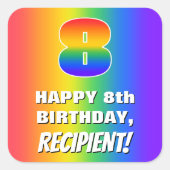 8e verjaardag: kleurrijk, vun regenboogpatroon # 8 vierkante sticker (Voorkant)