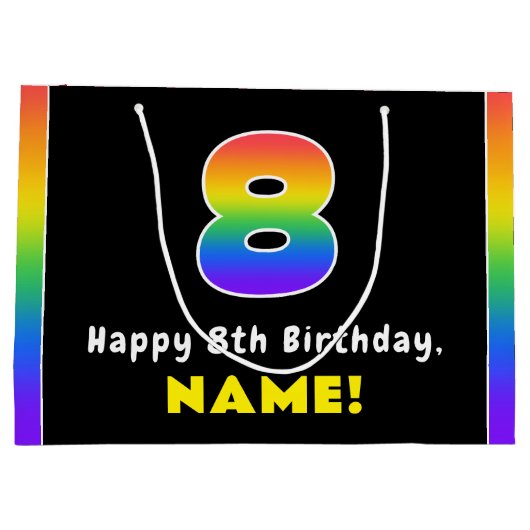 8e verjaardag: kleurrijke regenboog # 8, aangepast groot cadeauzakje (Achterkant)