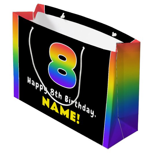 8e verjaardag: kleurrijke regenboog # 8, aangepast groot cadeauzakje (Achterkant Gekanteld)
