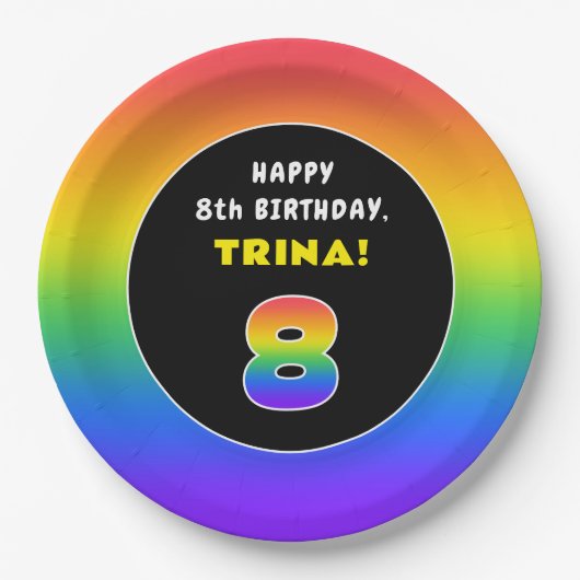 8e verjaardag: kleurrijke regenboog # 8, aangepast papieren bordje (Voorkant)