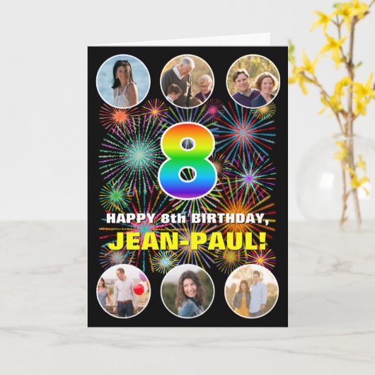 8e verjaardag: Leuke regenboog #, aangepaste naam  Kaart (Gele Bloem)