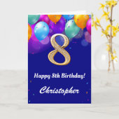 8e verjaardag marinenblauw en goudkleurige ballonn kaart (Gele Bloem)