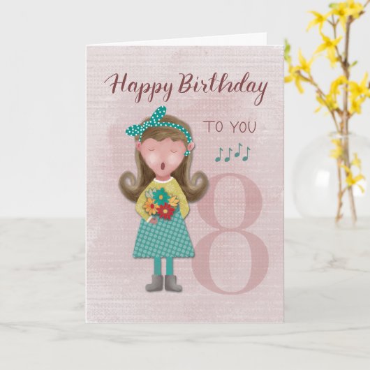 8e verjaardag meisje zingend Happy Birthday Kaart (Gele Bloem)