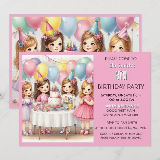 8e verjaardag meisjes roze ballonnen uitnodiging (Voorkant / Achterkant)