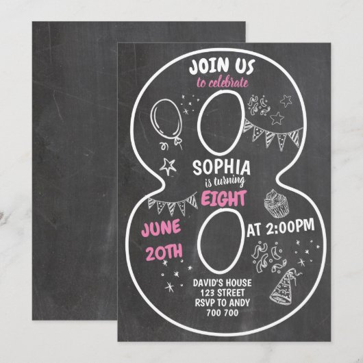 8e verjaardag meisjesbord Nummer roze Kaart (Voorkant / Achterkant)